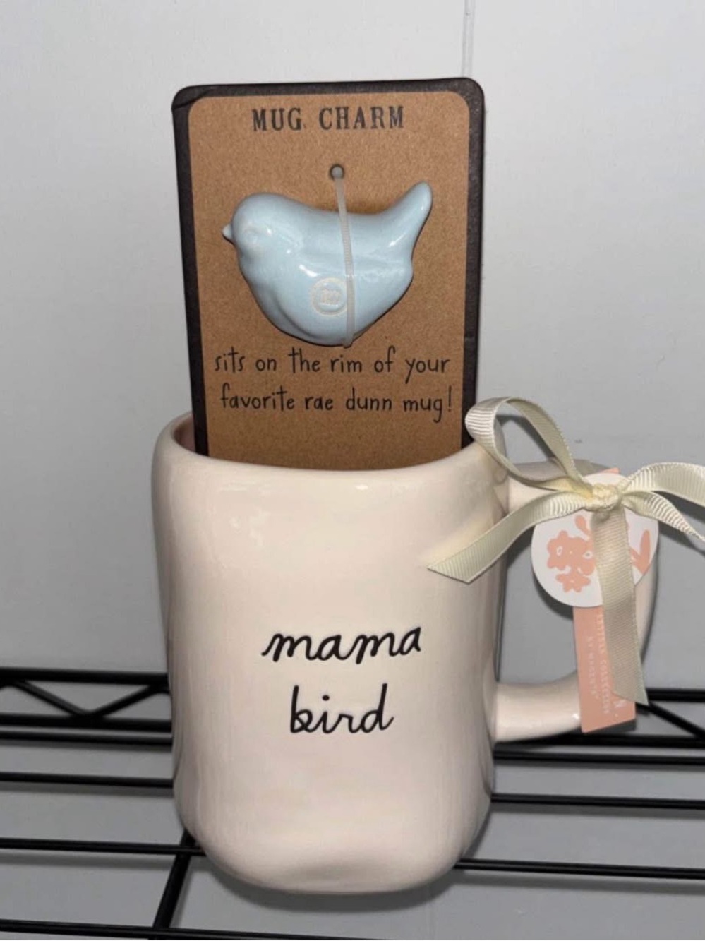 Rae Dunn Cream 'mama bird' Ceramic Mug with Light Blue Bird Charm